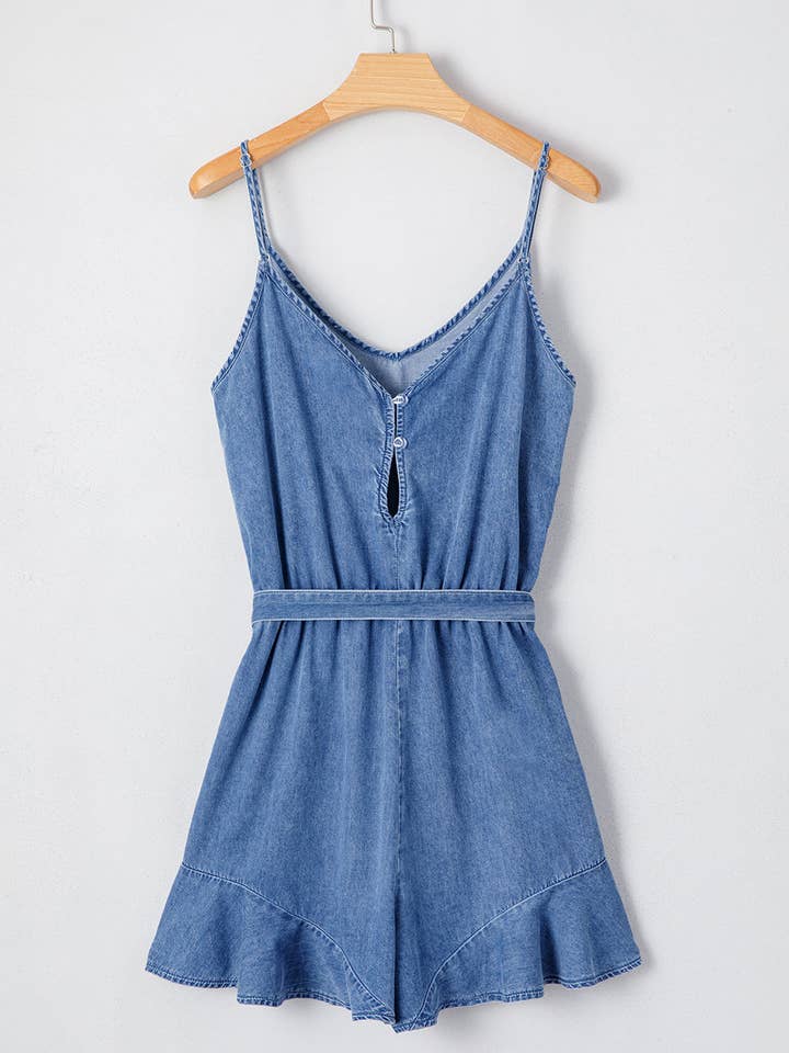 Ashleigh Blue Chambray Spaghetti Strap Romper with Ruffle Hem and Belted Waist for wholesale on Faire3