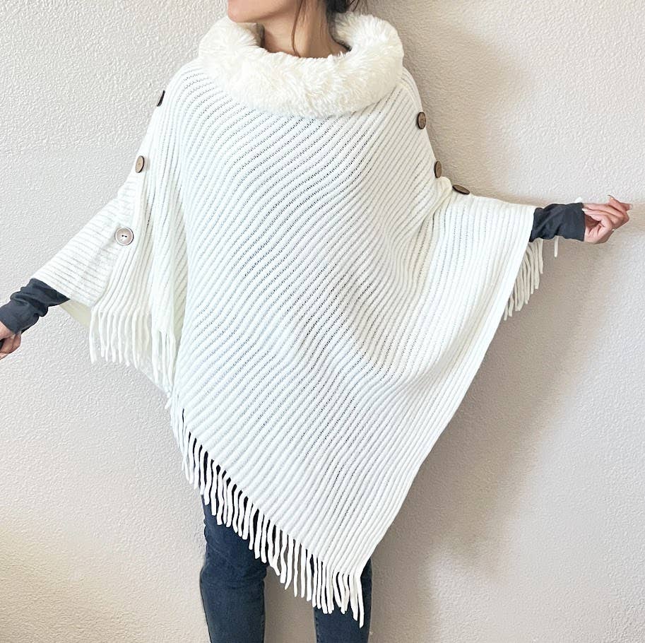 Fennco Styles – wholesale Poncho – Women's – White Fur Collar Ribbed Knit Poncho with Fringe    0
