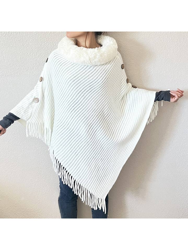 Fennco Styles – wholesale Poncho – Women's – White Fur Collar Ribbed Knit Poncho with Fringe