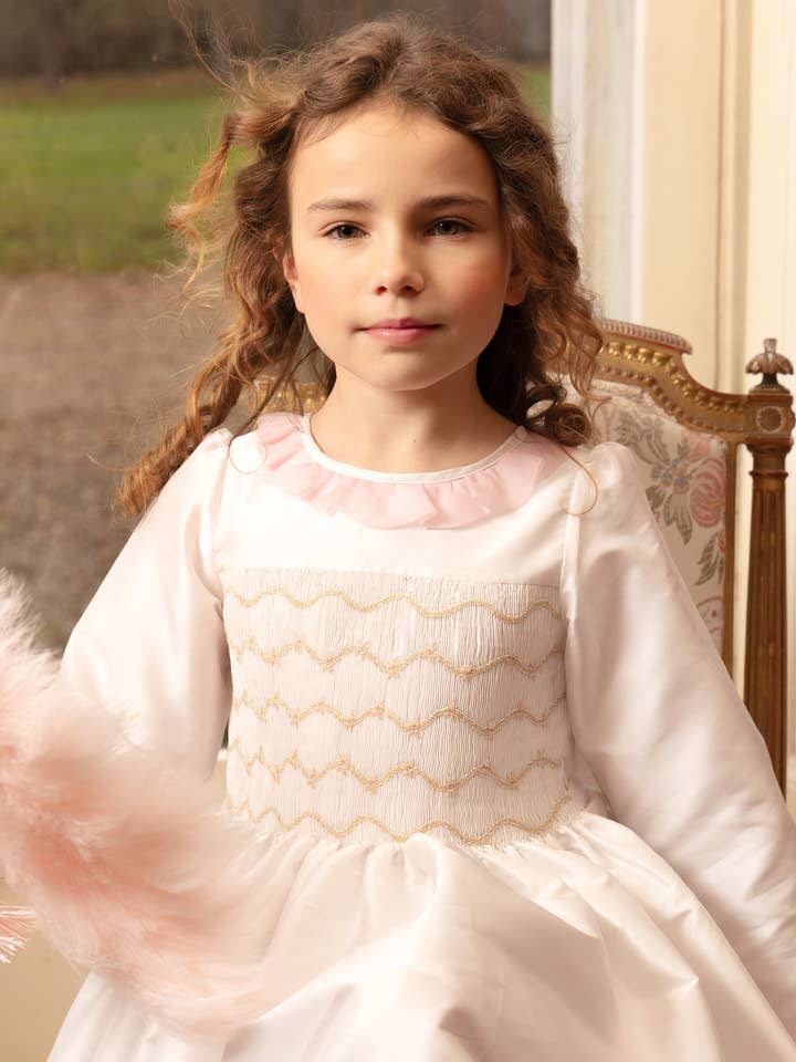Sofia White Taffeta Long Sleeve Smocked Dress for wholesale by Antoinette Paris