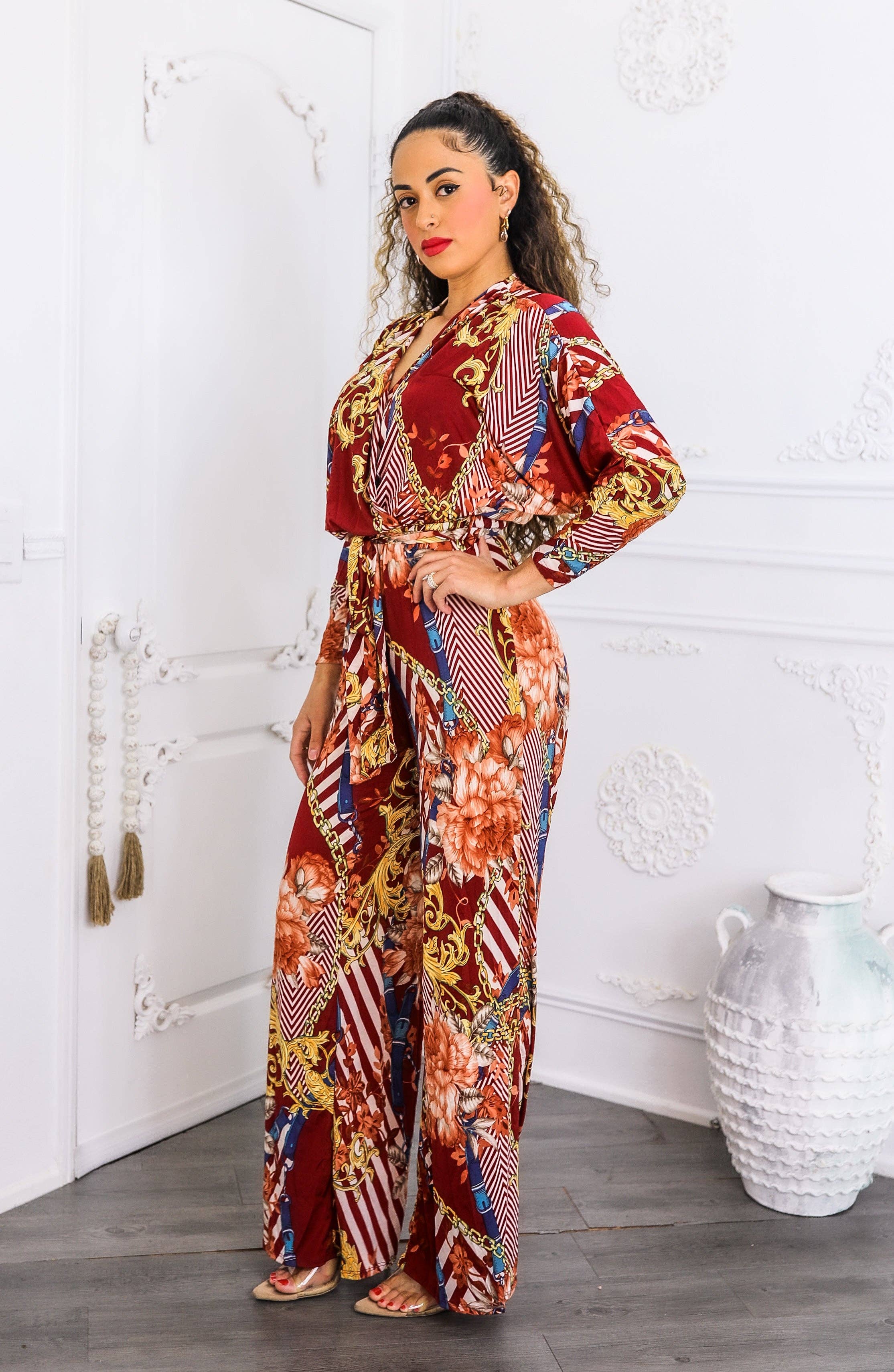 SurelyMine - Wholesale Jumpsuit - Women's - Red Chain Print Wide Leg Jumpsuit | Boho Chic One Piece3