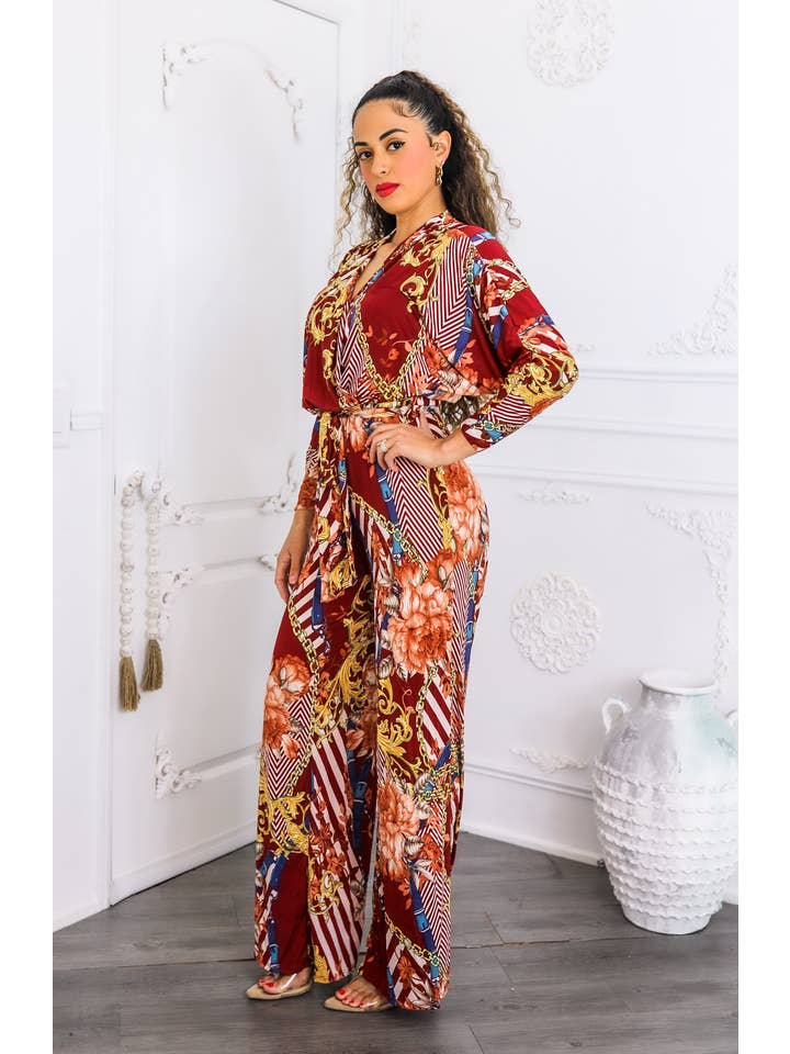 SurelyMine - Wholesale Jumpsuit - Women's - Red Chain Print Wide Leg Jumpsuit | Boho Chic One Piece3