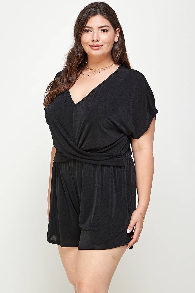 Haute Fox Plus Size & Contemporary - Wholesale Romper - Women's - Plus Size Slinky Draped Romper - KY18100-RP8