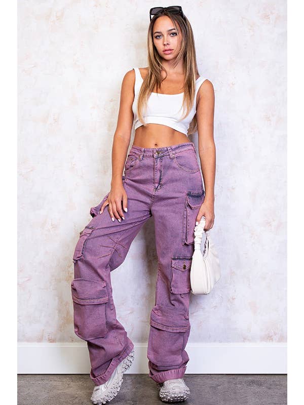 Rehab Lab - Wholesale Jeans - Women's - Purple Washed Cargo Denim Jeans With Pockets