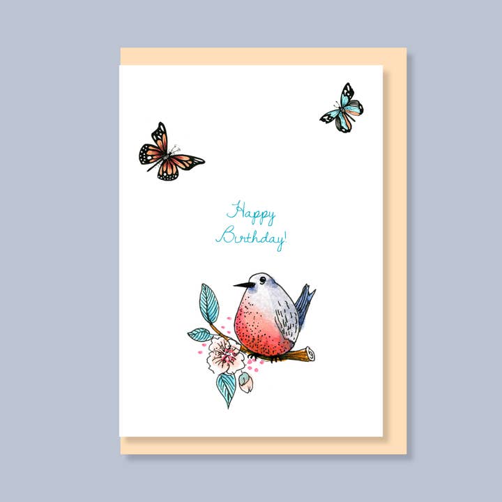 Postcard with an envelope - bird & butterfly birthday card for wholesale by Papetri paperworks