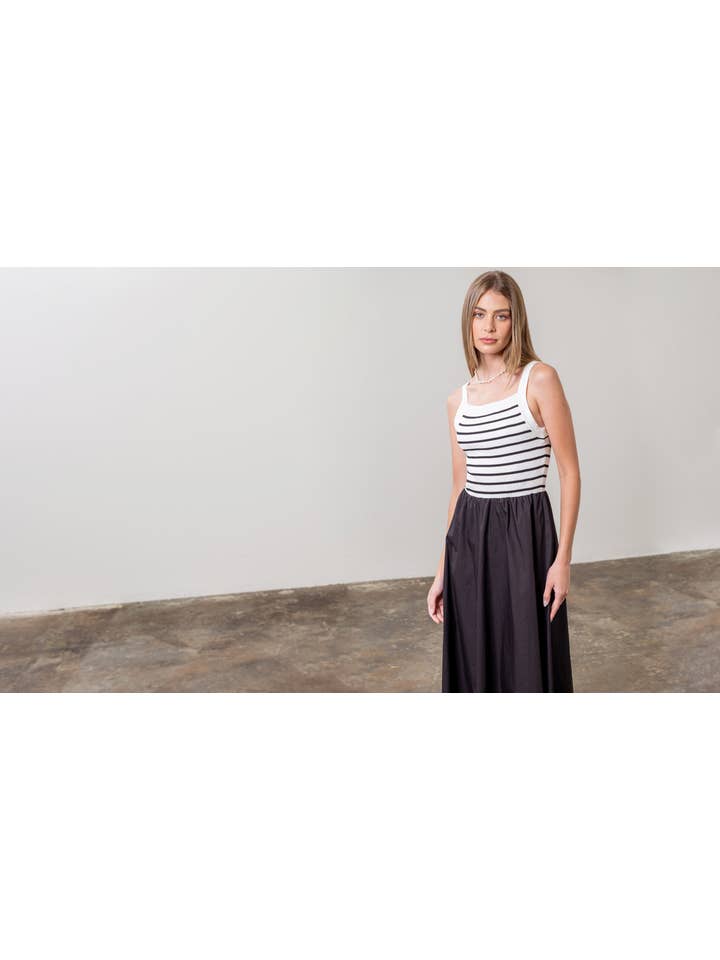 Moon River - Wholesale Dress - Women's - SQUARE NECK SWEATER KNIT MIX MEDIA MIDI DRESS