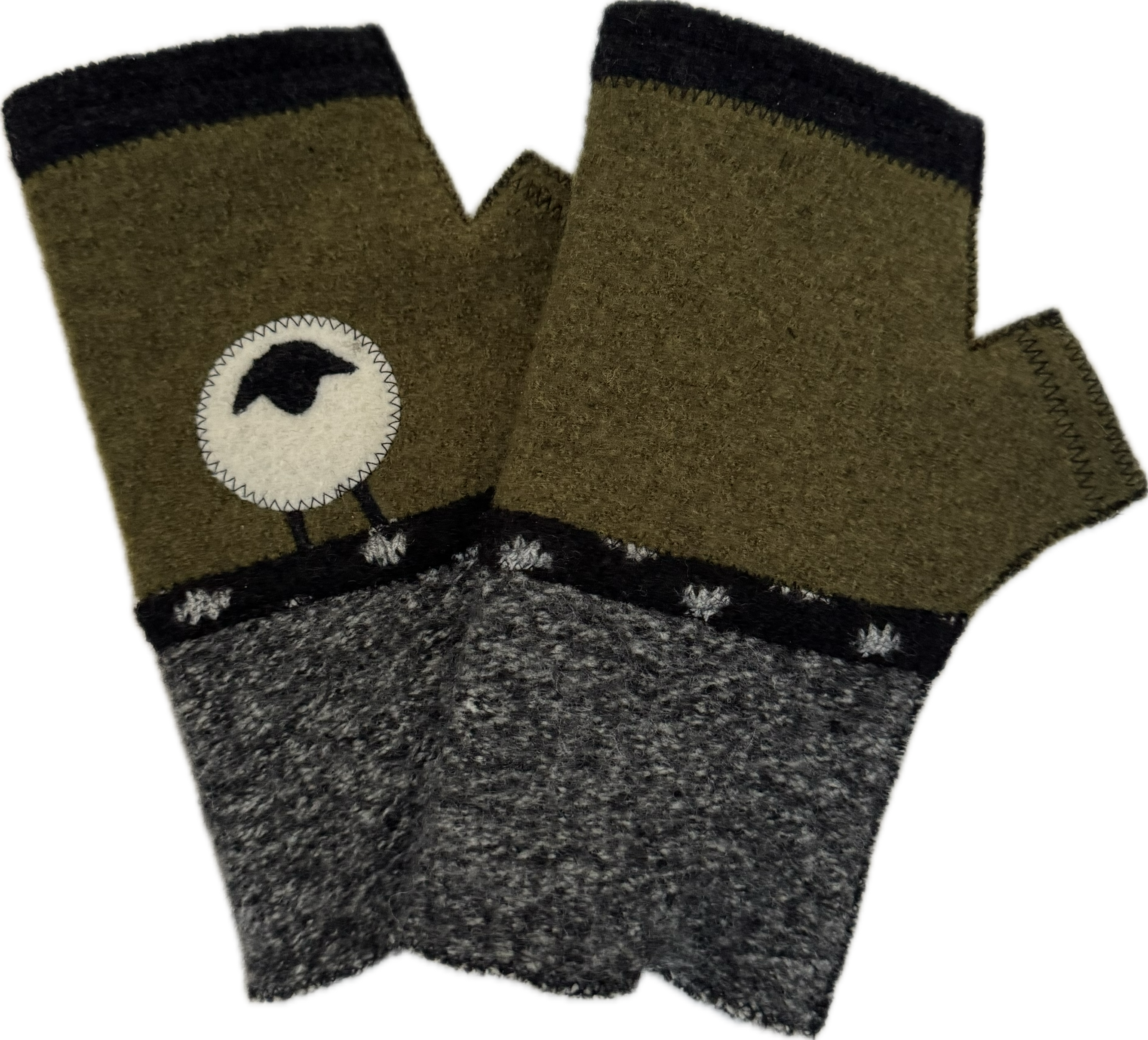 Woolflower – Großhandel Handschuhe – Damen – Grüne Schaf Handschuhe ohne Finger1