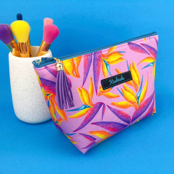 Kashzale Handmade Cosmetic Bags - Wholesale Makeup/Cosmetic Bag - Paradise Birds Medium Cosmetic Bag. Kasey Rainbow Design.
