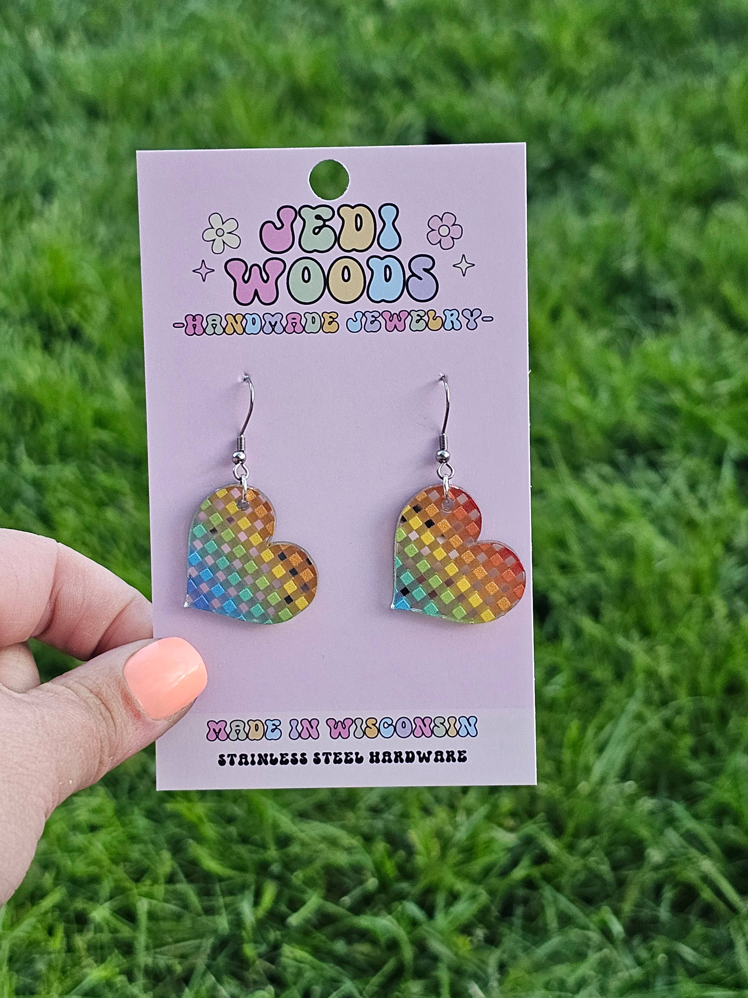 Jedi Woods LLC - Wholesale Dangle Earrings - Rainbow Plaid Heart Earrings on Silver Mirror Acrylic1