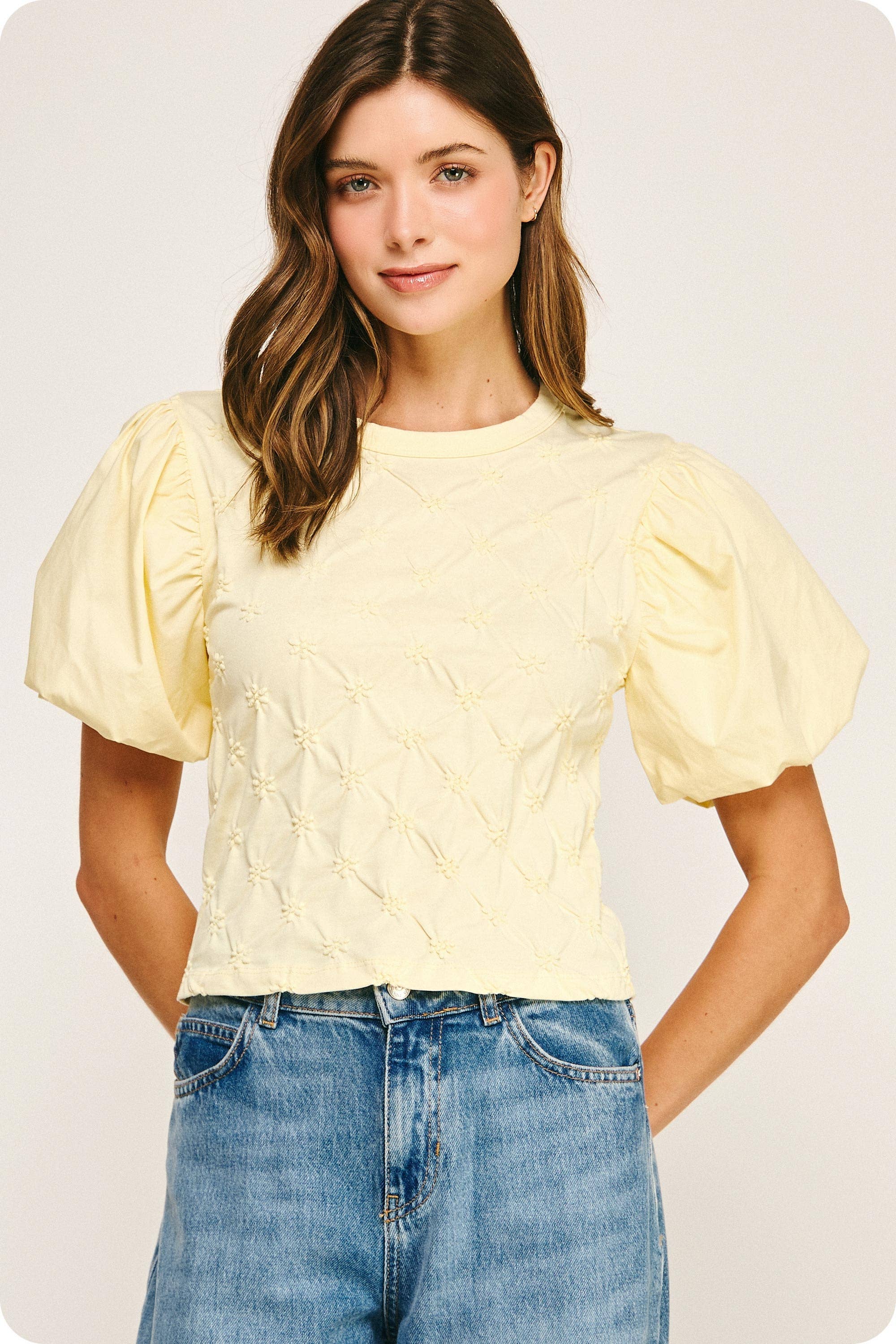 Strut & Bolt - Wholesale Blouse - Women's - Flower Embossed Puff Sleeve Tee Top6