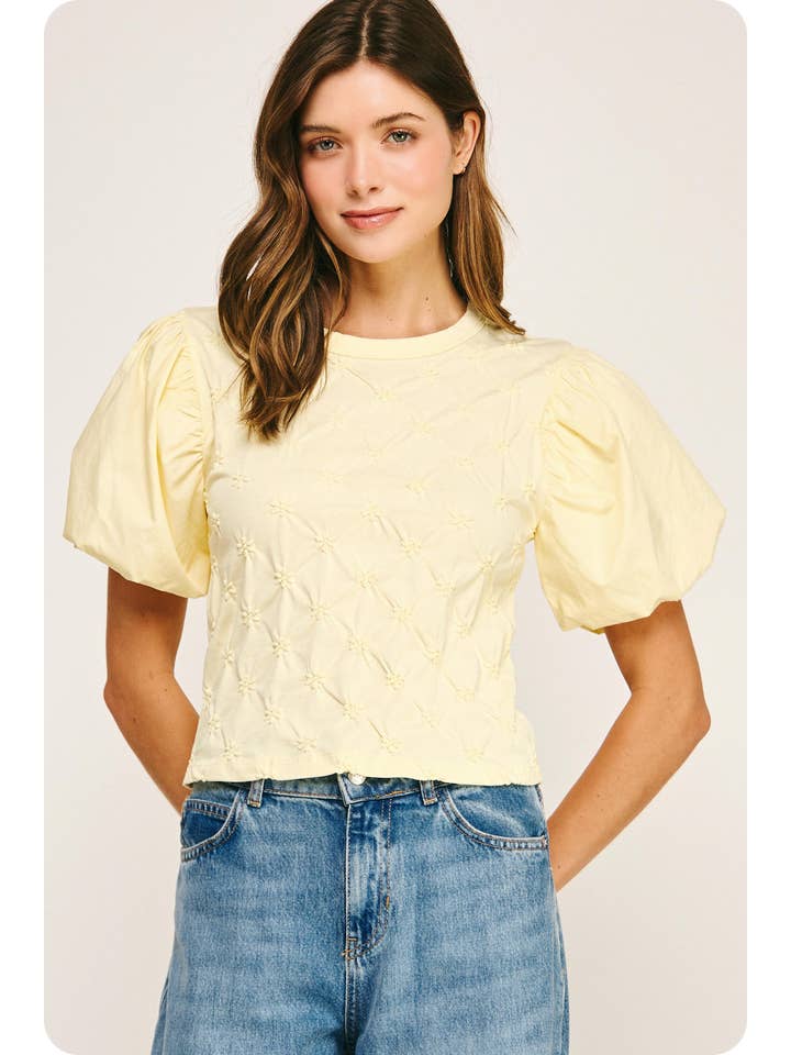Strut & Bolt - Wholesale Blouse - Women's - Flower Embossed Puff Sleeve Tee Top6
