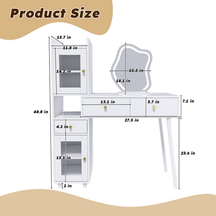 39F Inc. - Wholesale Vanity Mirror - Vanity Dressing Table with LED Mirror & Storage - White Makeup Desk with 3 Drawers, 2 Open Shelves & 4 Hidden Cabinets2