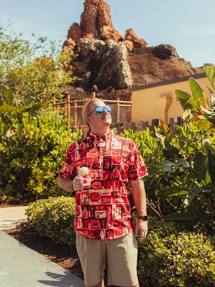 Red Lava Tiki Tiki Button Up Shirt for wholesale by Park Candy