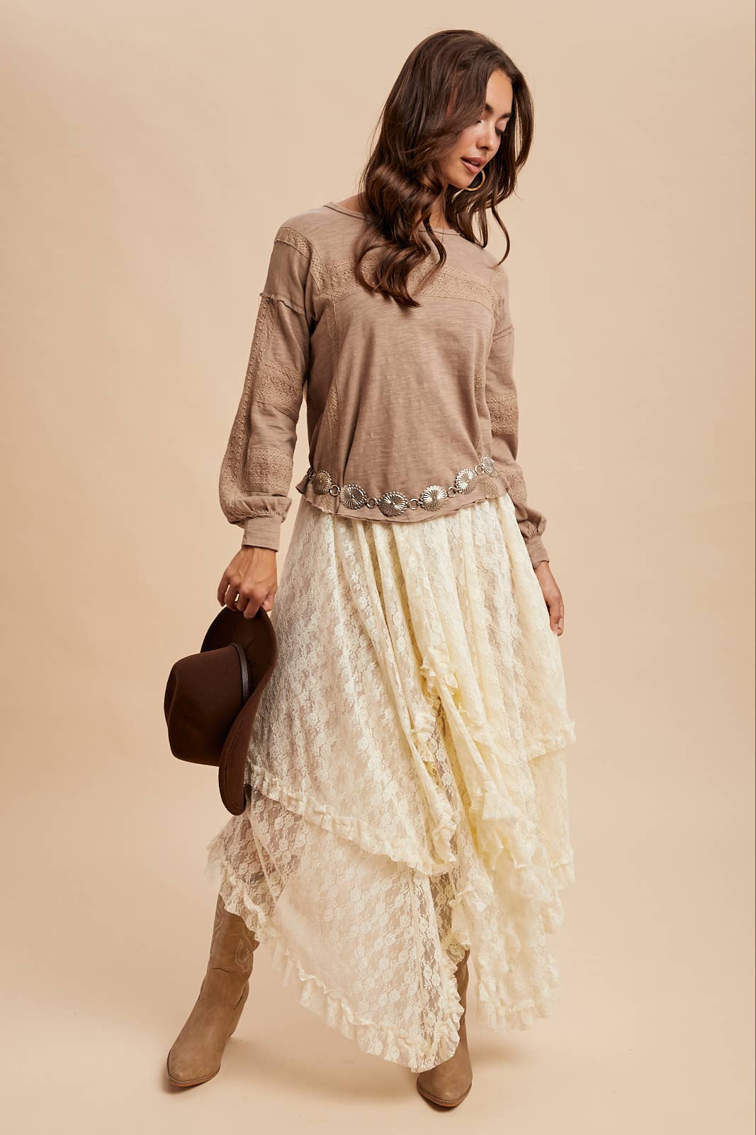 In Loom - Wholesale Blouse - Women's - GARMENT WASHED LACE INSET LONG SLEEVE TOP8