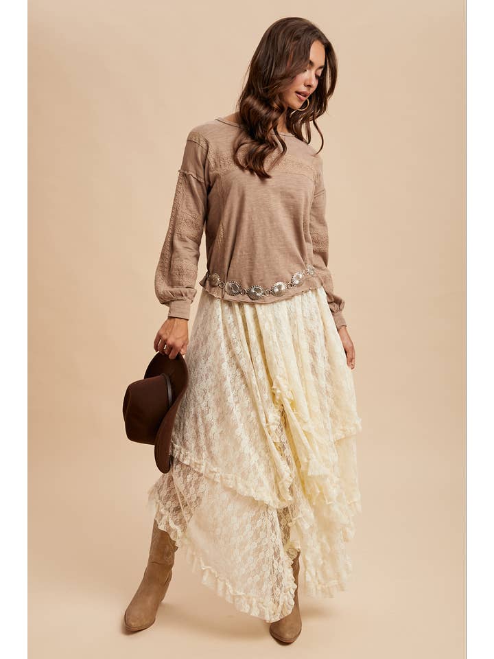 In Loom - Wholesale Blouse - Women's - GARMENT WASHED LACE INSET LONG SLEEVE TOP8