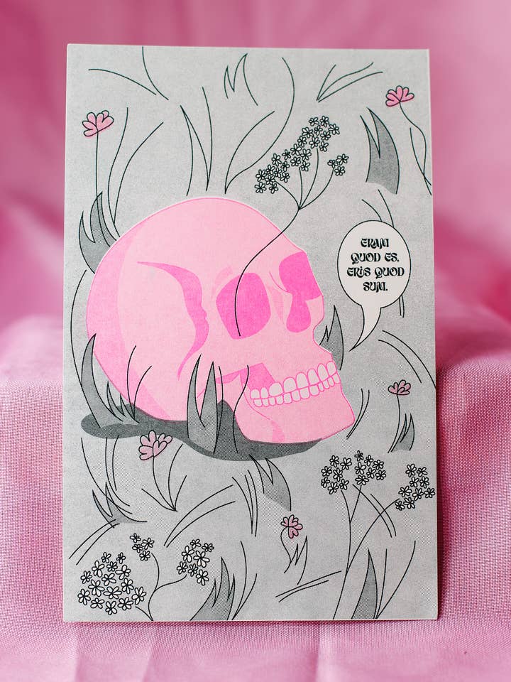Hot Pink Skull Spooky Halloween Risograph Print for wholesale by By Danielle Witten