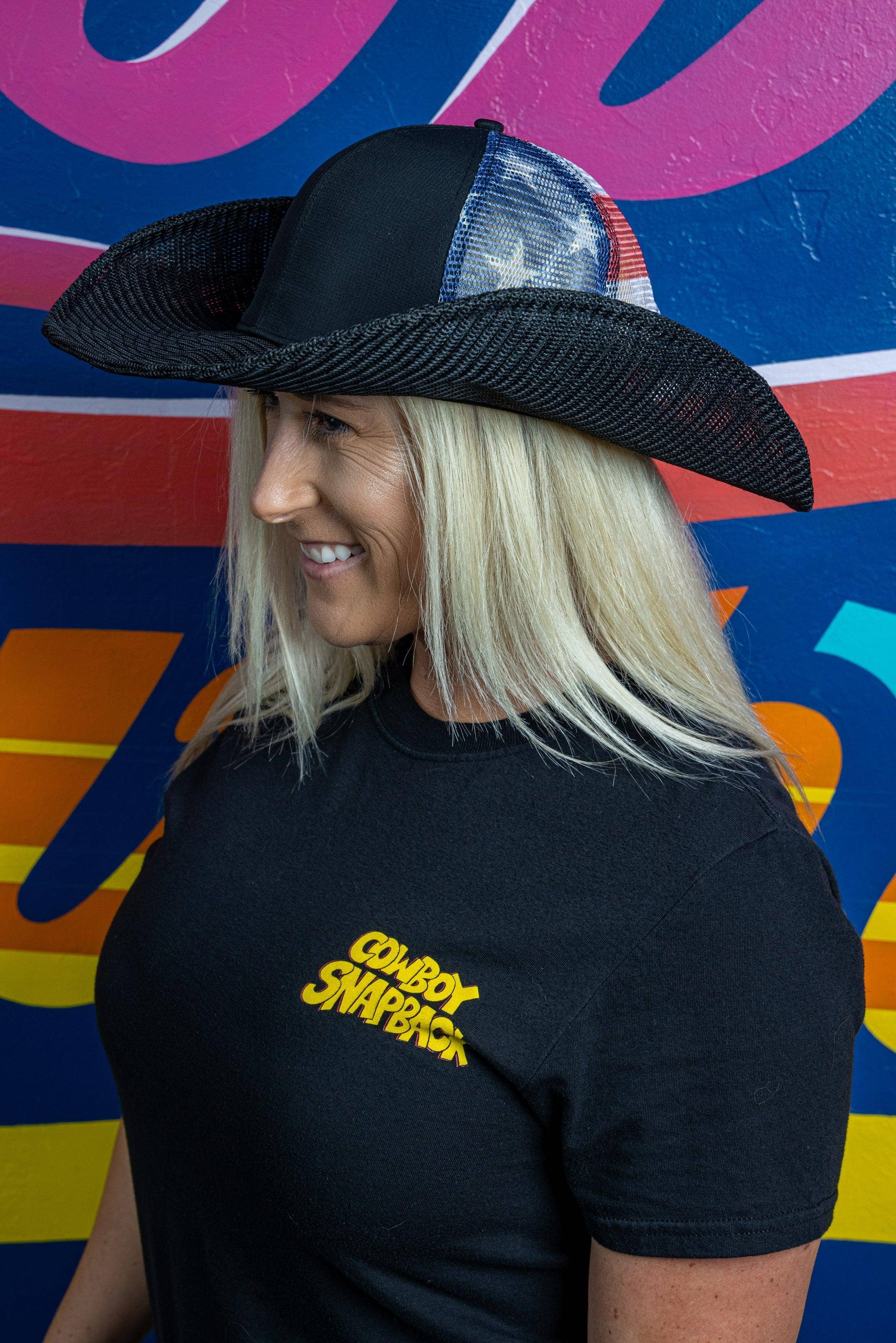 Cowboy Snapback - Wholesale Cowboy Hat - Unisex - BLACK USA MESH COWBOY SNAPBACK: 6 PANEL - BLANK1