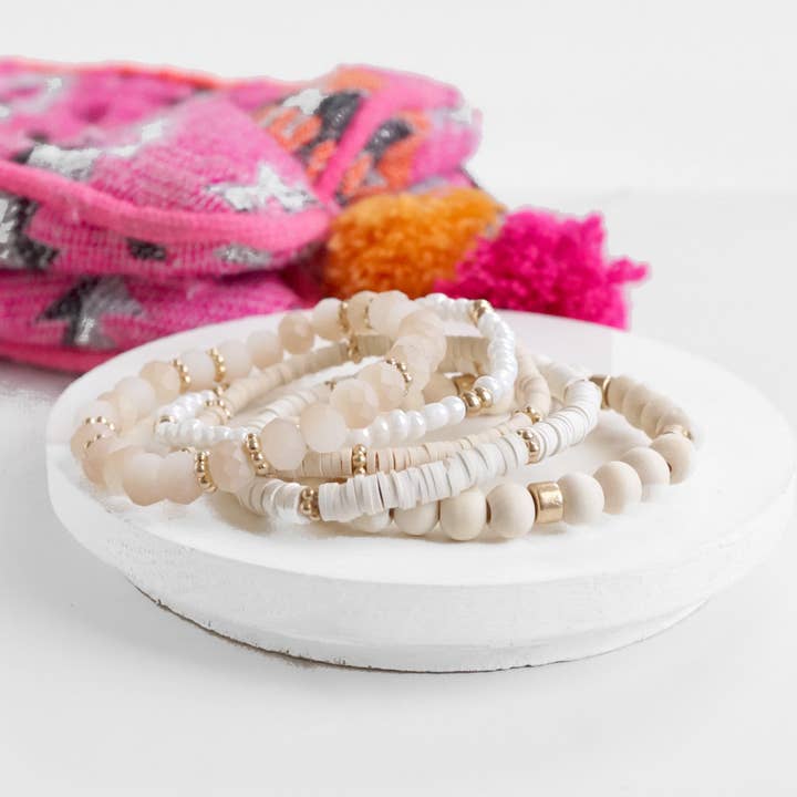 PennyLine inc - Wholesale Beaded Bracelet - Summer Fresh Neutrals stack clay glass wood beads bracelets set6