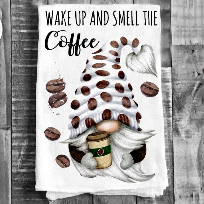 Gnome Wake Up and Smell The Coffee Flour Sack Tea Towel for wholesale by Avery Lane Gifts