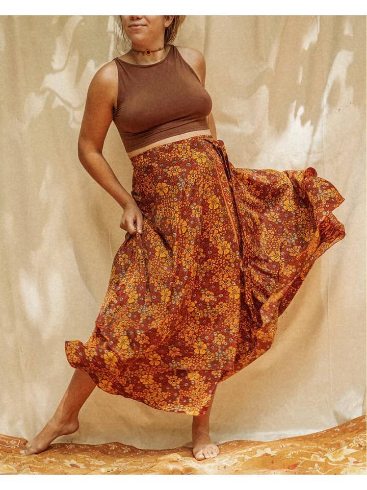 Gardenbelle Shop - Wholesale Skirt - Women's - Hippie Boho Style 2 Layer Floral Silk Wrap Skirt0