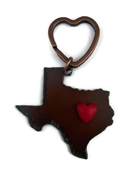 Rustic Keychain TEXAS shape with red heart for wholesale by The Rustic Barn
