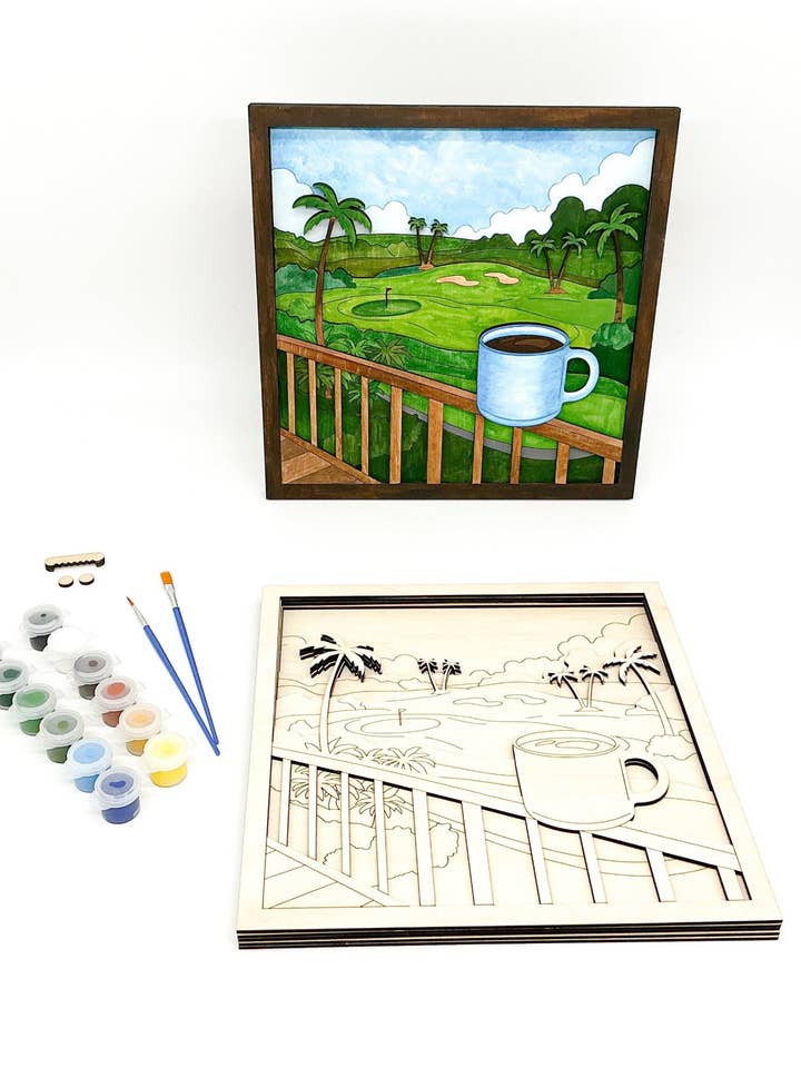 “Lanai Mornings” DIY Wood Craft Kit for Adults | 3D Layered Tropical Wall Art for wholesale by The Beaming Toolbox