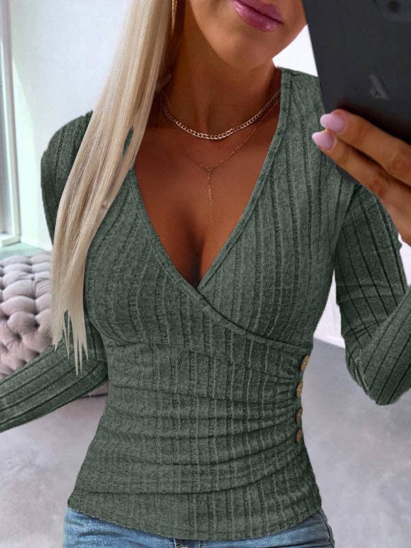 UZ Wholesale Store - Wholesale Knit Top - Women's - Long Sleeves Skinny Buttoned Deep V-Neck T-Shirts Tops4