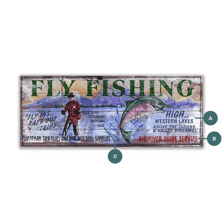 Pêche à la mouche sur la grande rivière - Art mural en bois et métal pour la vente par Old Wood Signs