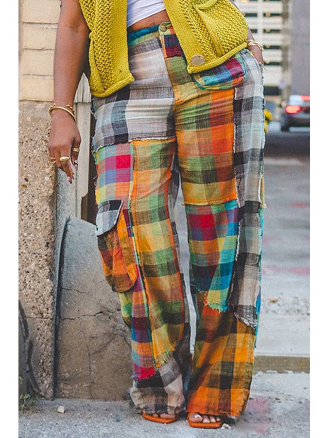 Chicto - Vente Pantalon – femme - Pantalon droit à carreaux color block pour femme1