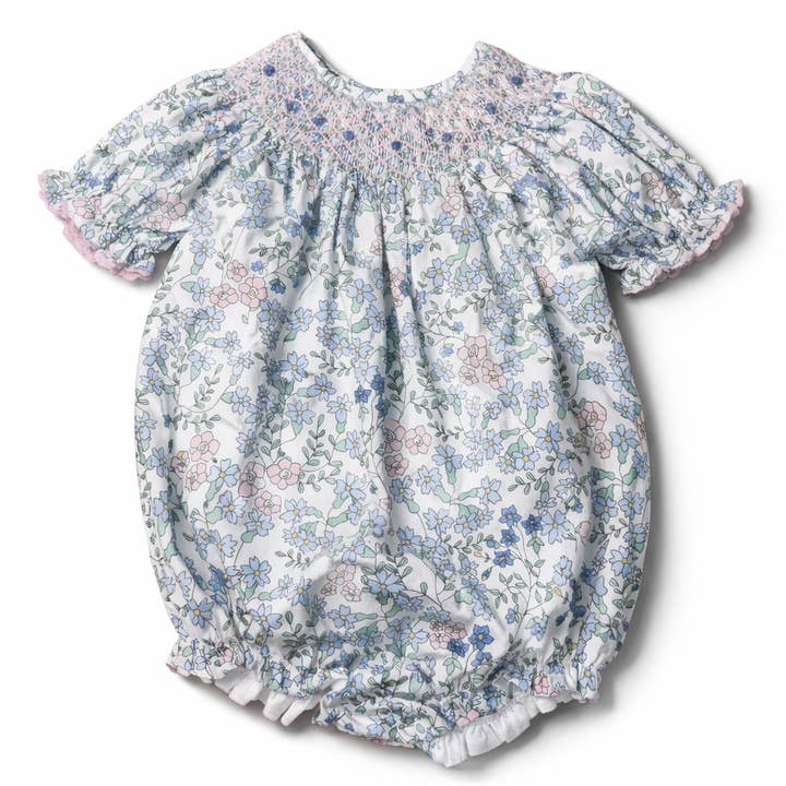 Girls Blue Floral & Rosettes Bubble for wholesale by Boots & Bows Smocking Co