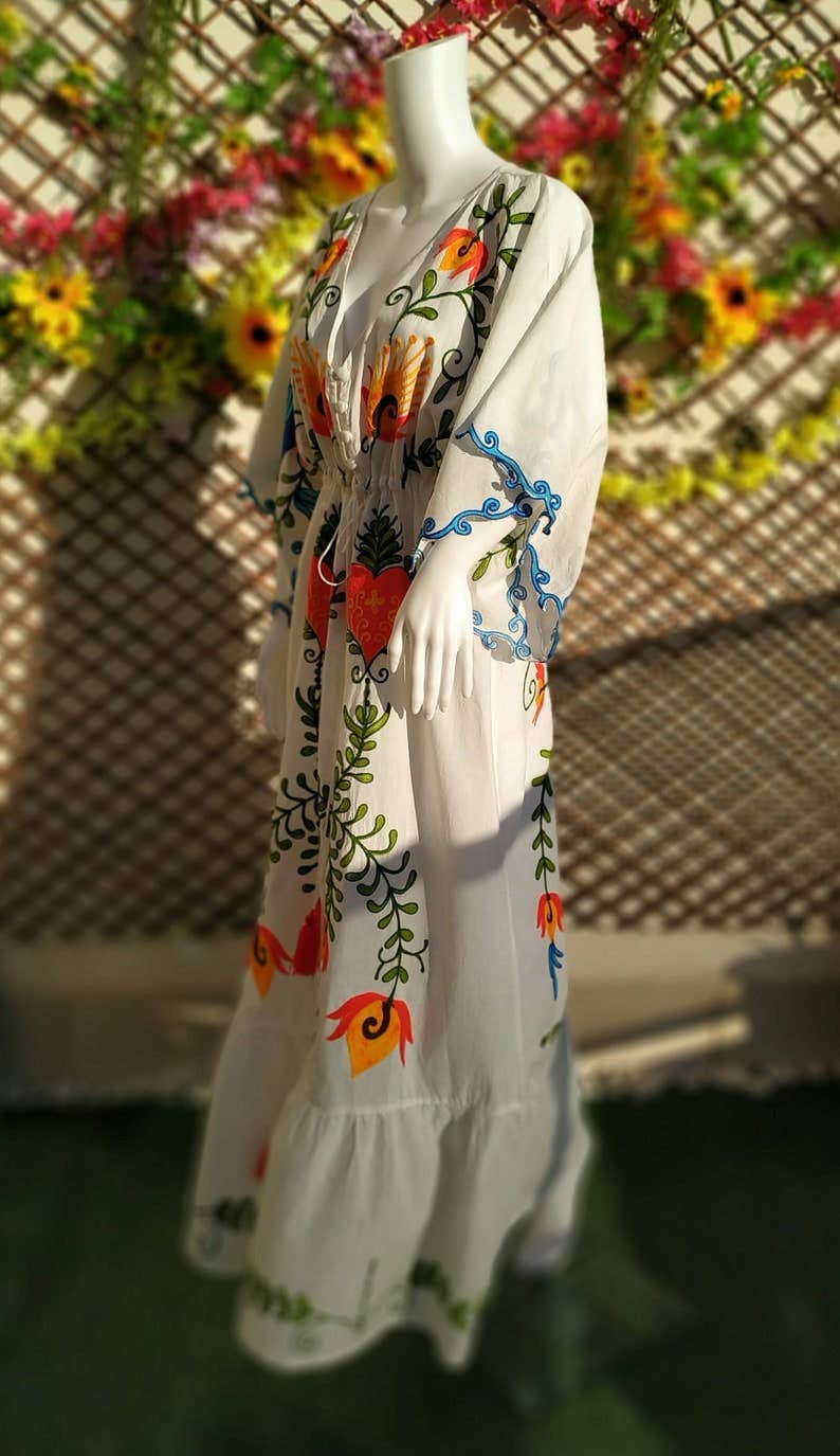 TABITHA - Vente Robe – femme - Robe cœur style bohème en coton avec broderie mexicaine2