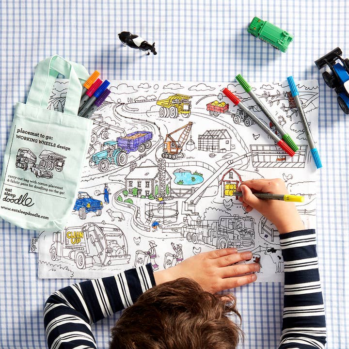 eatsleepdoodle - Wholesale Coloring Mat - Kids & Baby - DIY Coloring Kit - Cars, Trucks & Tractors Placemat to Go