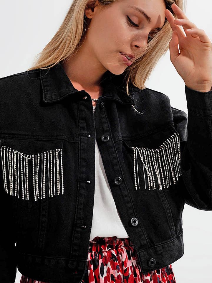 Schwarz Schwarze Jeansjacke mit Strass-Quasten für den Großhandel auf Faire0