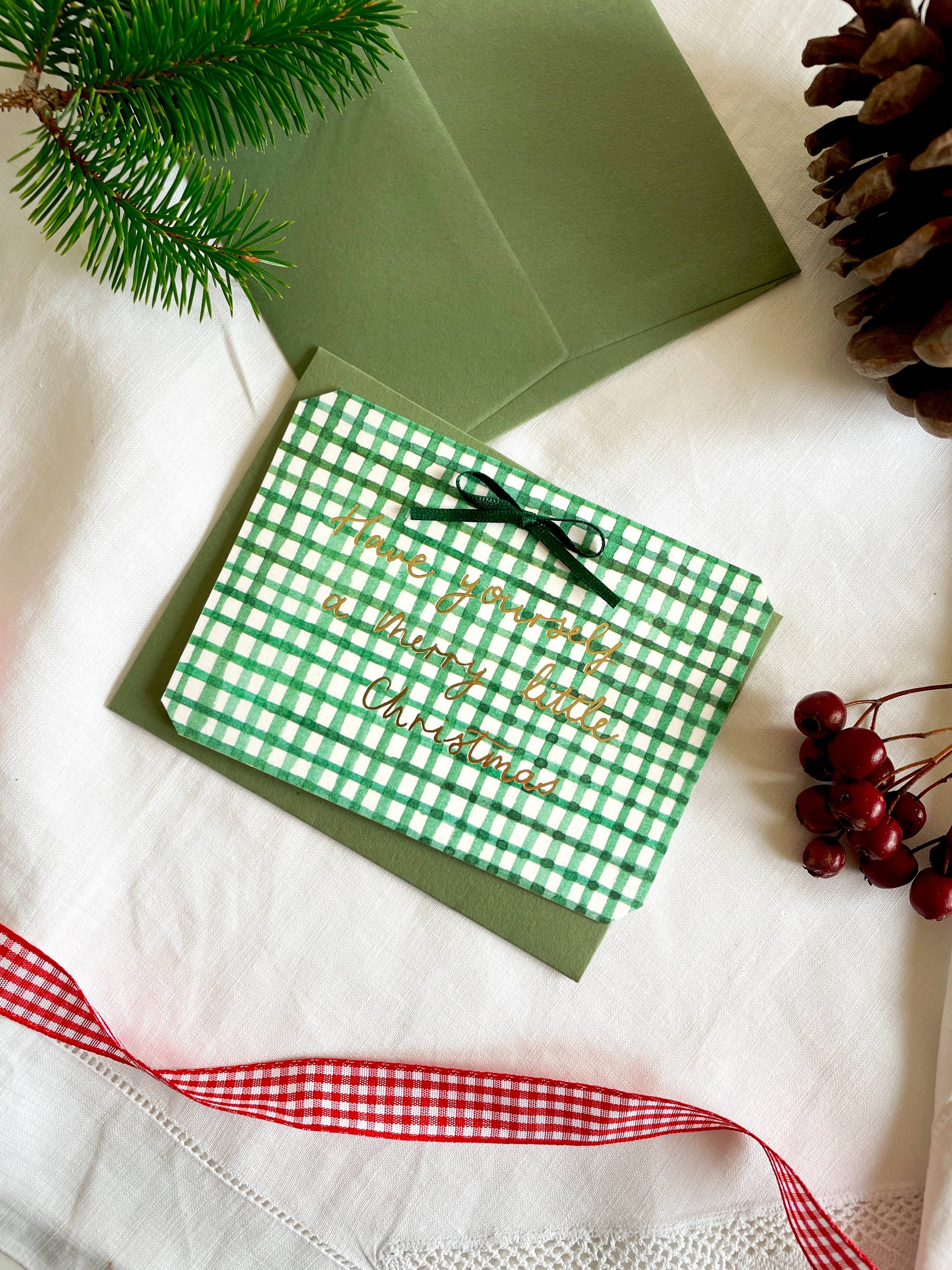 Annie Brougham Paper Goods. - Wholesale Christmas Card - Green Gingham Petite Foiled Bow Christmas Card4