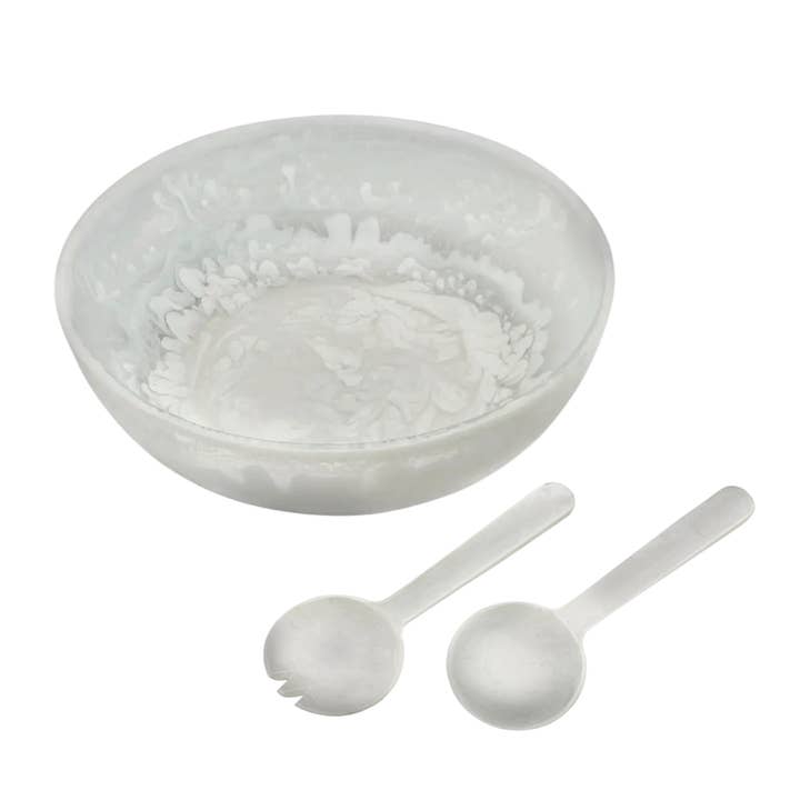 Inspired Generations - Wholesale Serve Bowl - White Swirl Acrylic Bowl with Salad Servers1