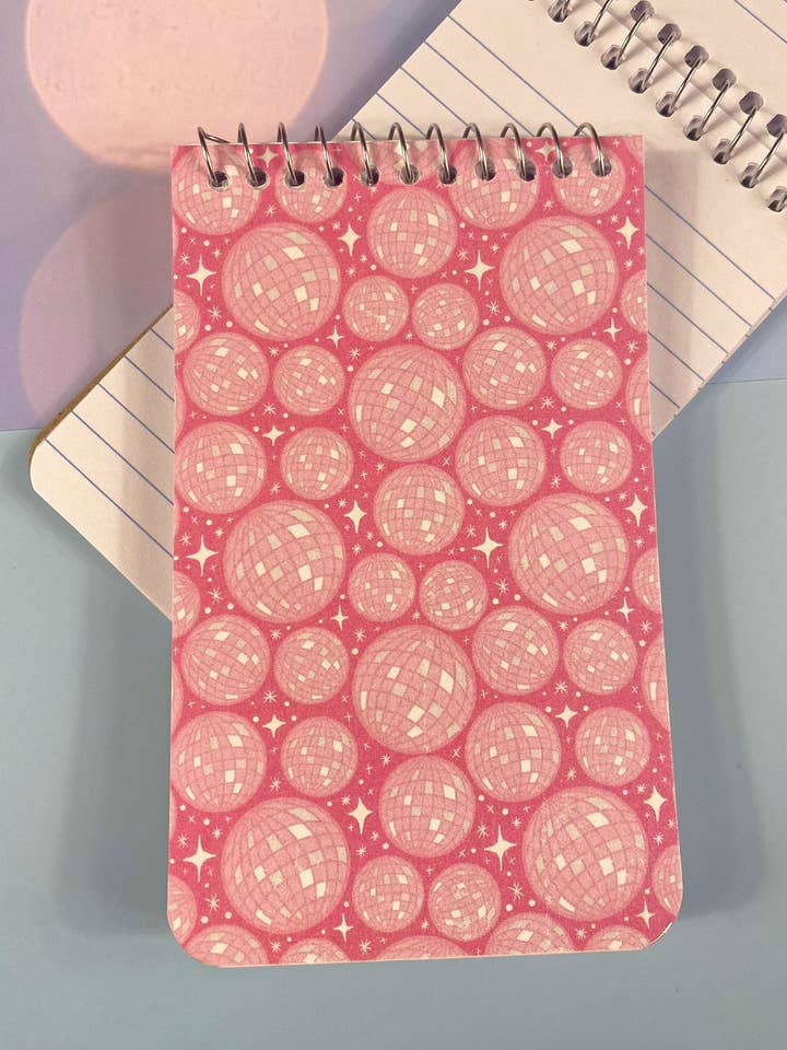 Spiralförmiger Notizblock mit pinker Discokugel, glitzerndes Muster, Listenblock für den Großhandel von Made Line Designs