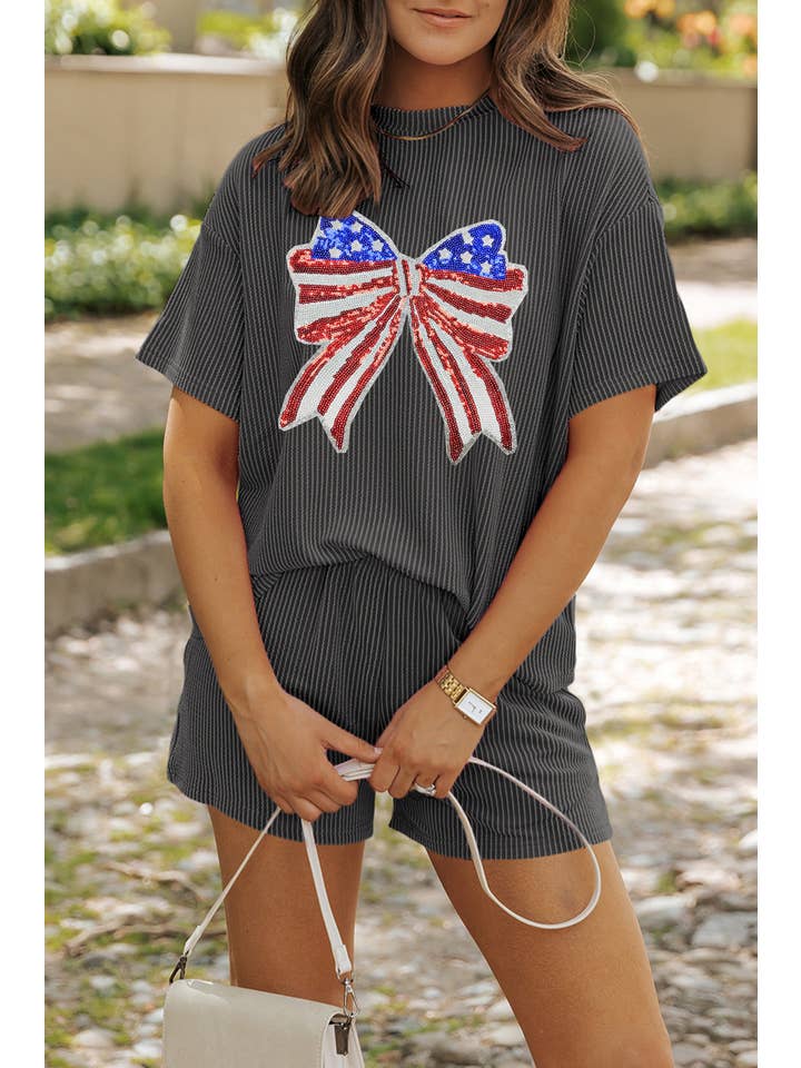 Aapparella - Wholesale Sleepwear Set - Women's - Sequined Sequin USA Flag Bow Corded Pajamas Set | S-2XL