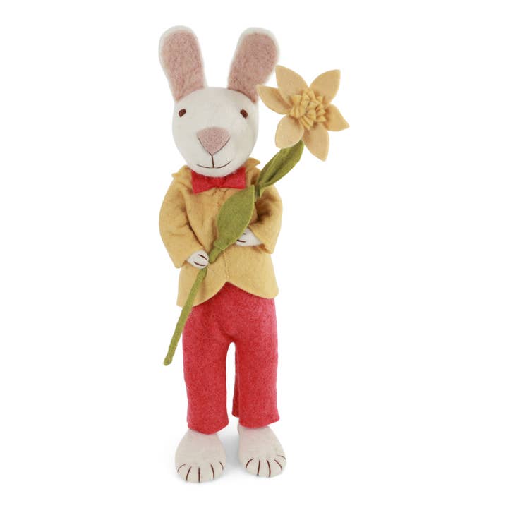 X-Large White Bunny w/Yellow Jacket & Narcissus Flower for wholesale by Gry and Sif