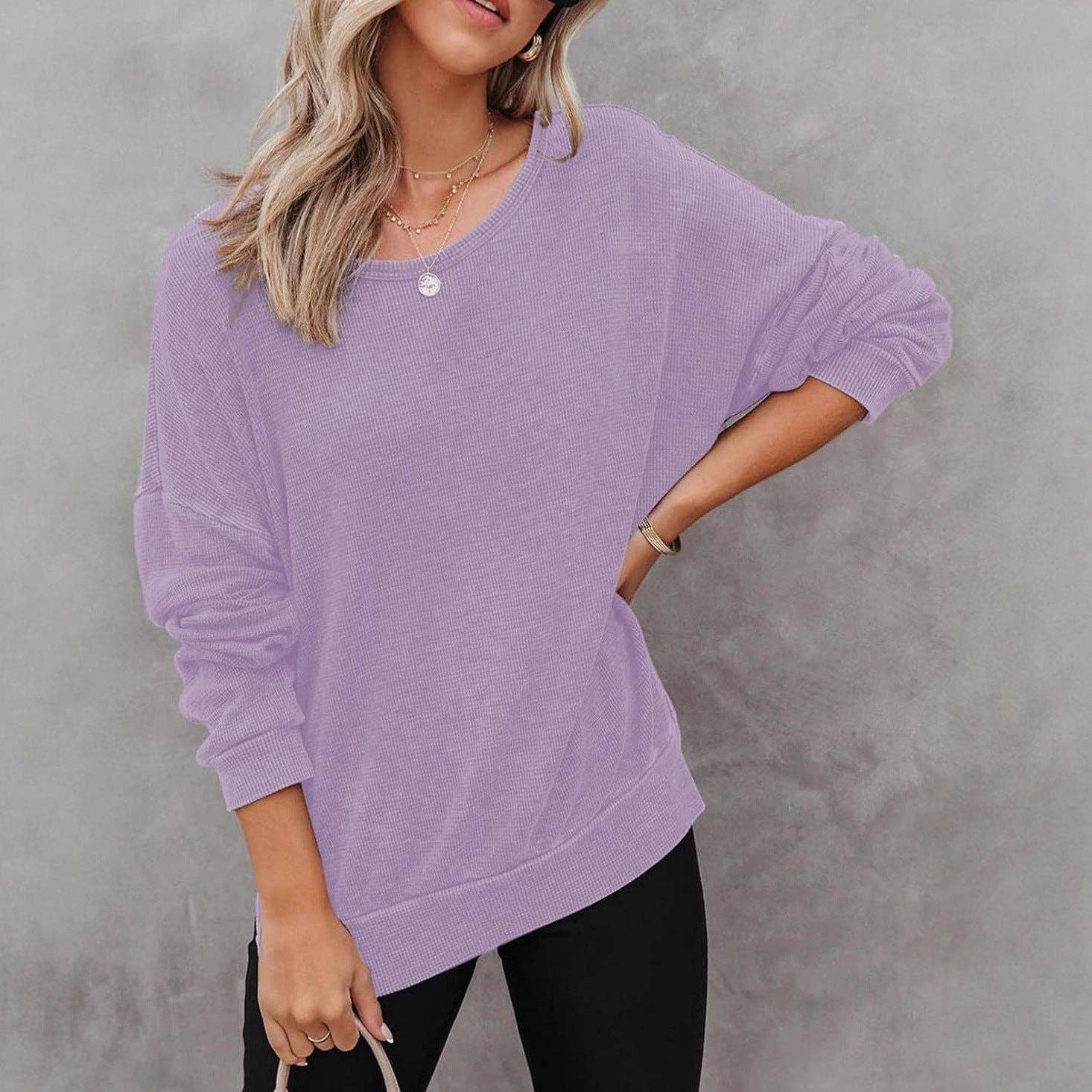 Masyal - Wholesale Sweatshirt - Women's - Autumn Round Neck Long Sleeve Waffle Sweatshirt T-Shirt4