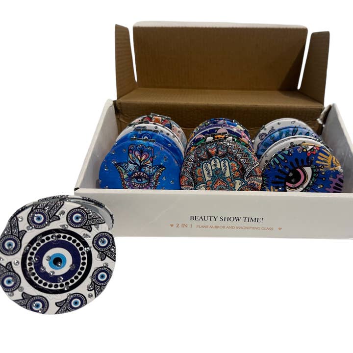 Miroirs de Maquillage Compacts en Métal avec Mauvais Œil Autour pour la vente par CRETE TRADING INC