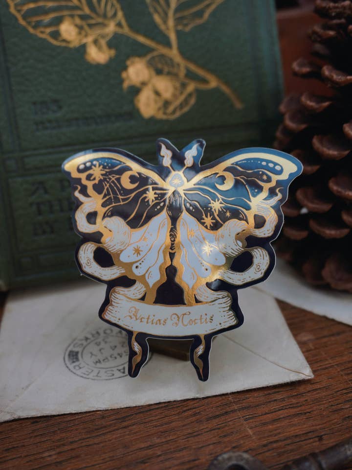 Actias Noctis the Moonlight Moth sticker | Gold Mirror details for wholesale by Tooth and Toad