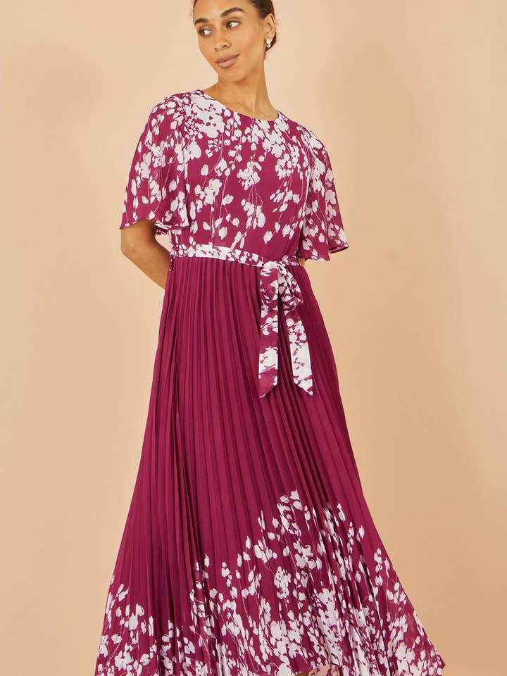 Yumi Burgundy Mirror Floral Design Pleated Midi Dress for wholesale by Yumi