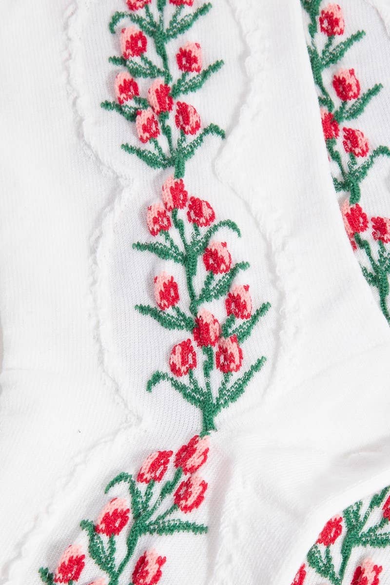 White Floral Tulip Vine Embroidered Socks for wholesale on Faire1