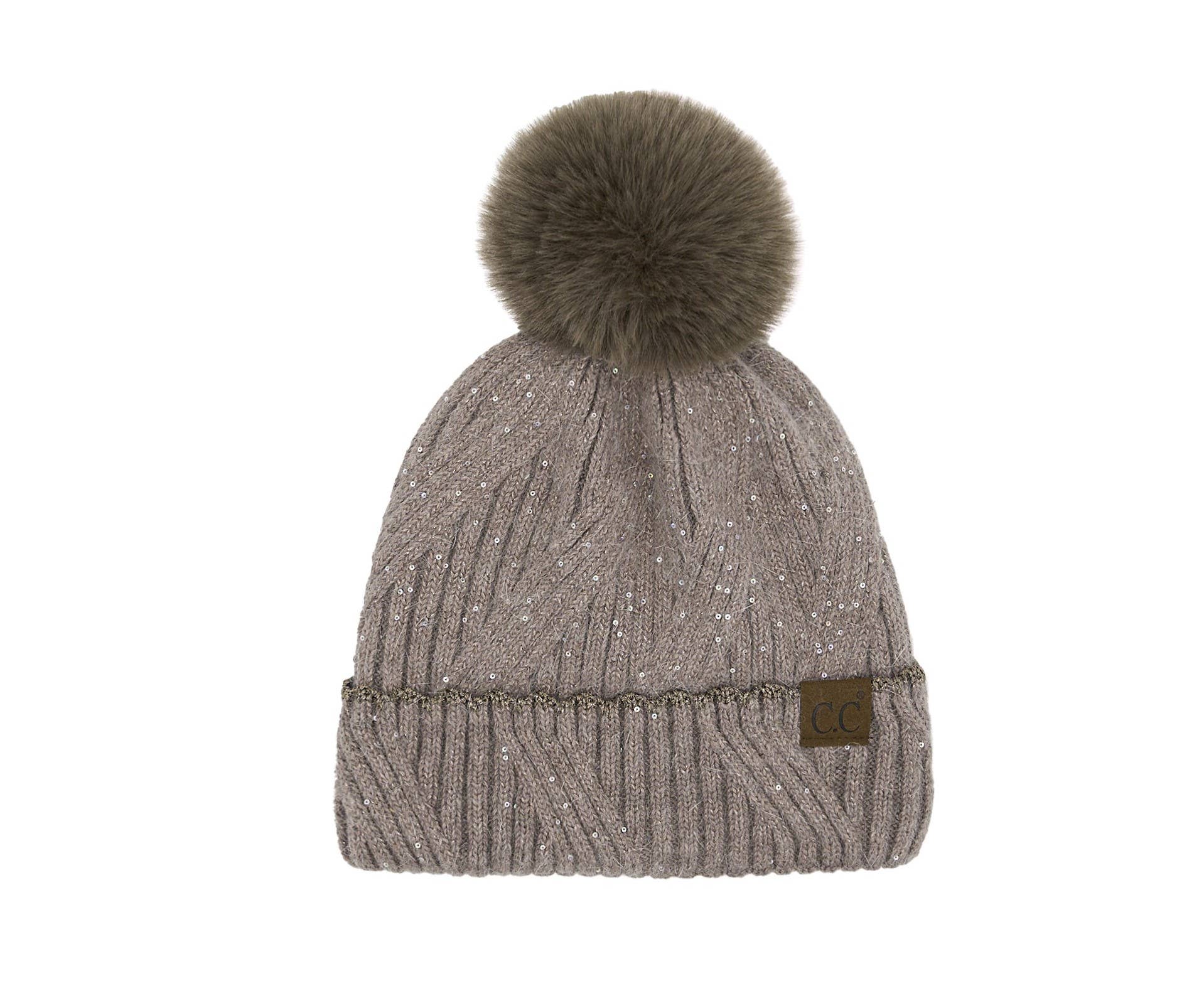 Funky Junque - Wholesale Beanie - Women's - Faux Fur Pom Hat: Sequin - Taupe
