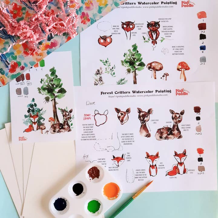Pink Puddle Studio - Wholesale DIY Craft Kit - Watercolor Painting Kit Deer, Fox, Owl Forest Animals