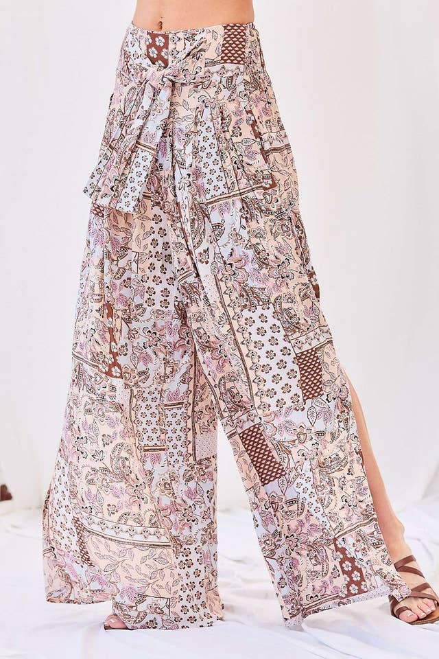 BLUSH MULTI Front Tie Patch Print Wide Pants for wholesale on Faire0