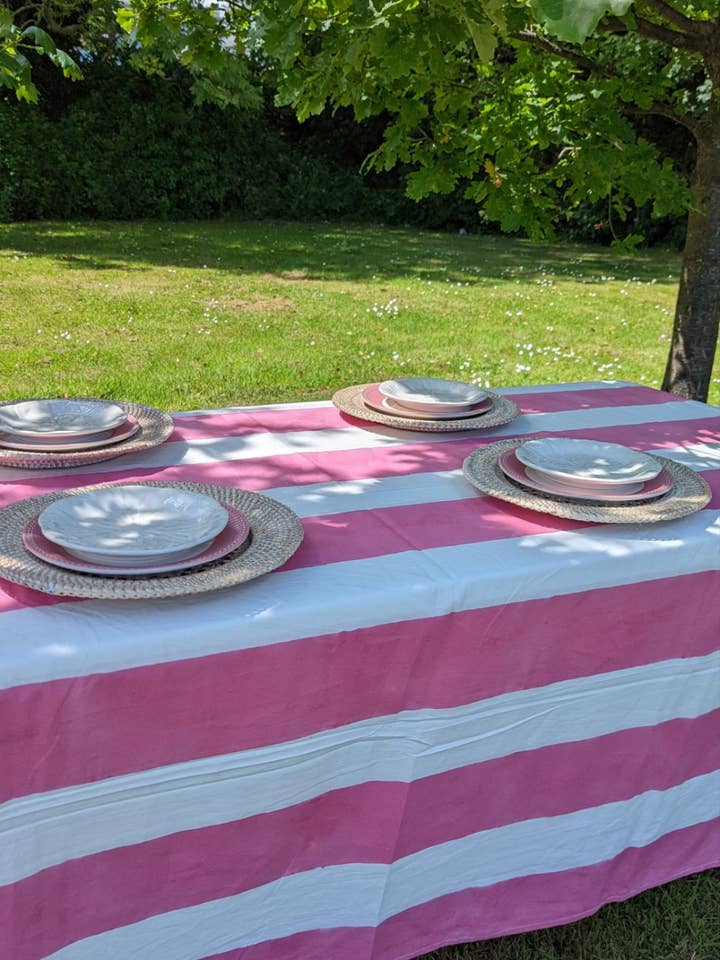 Wide Stripe Pink Tablecloth for wholesale by LNH EDIT