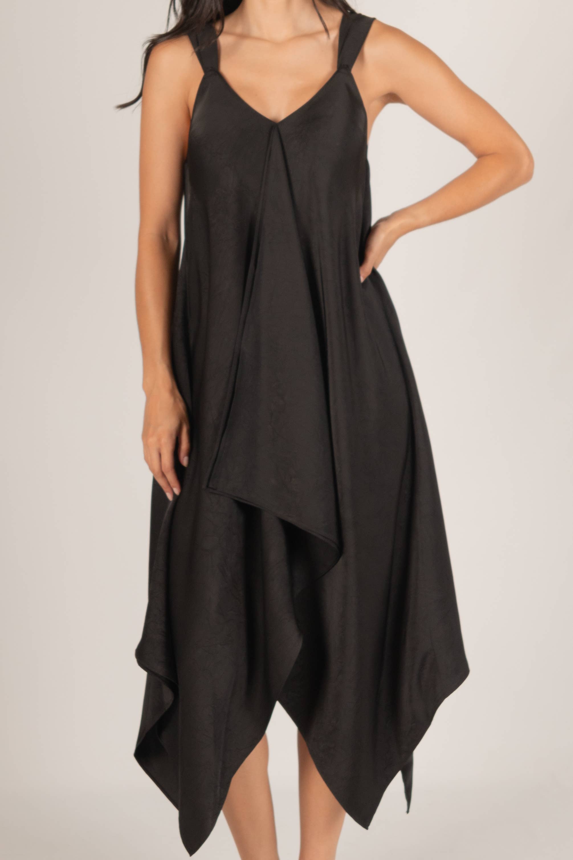 Before You Collection - Wholesale Dress - Women's - Textured Satin V-Neck Sharkbite Hem Dress2