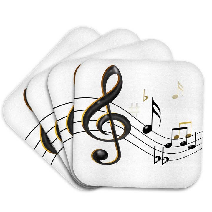3dRose, Musiknoder G-nøgle, sekstendelsnoder, fjerdedelsnoder, bundne noder, b'er og krydser i sort og guld, Bordskåner for engroshandel hos 3dRose