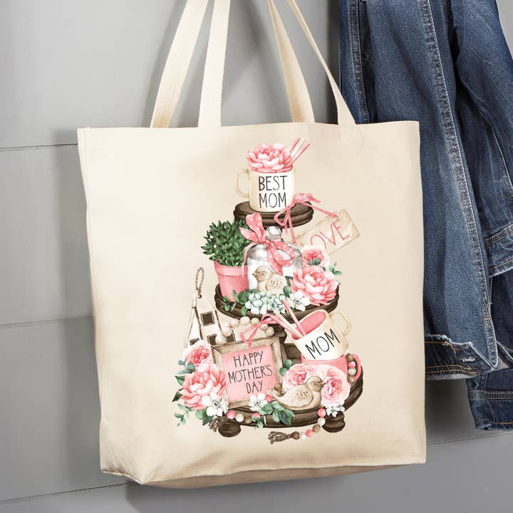 Mothers Day Best Mom 3 Tier Tray 12 oz Canvas Tote Bag for wholesale by Avery Lane Gifts